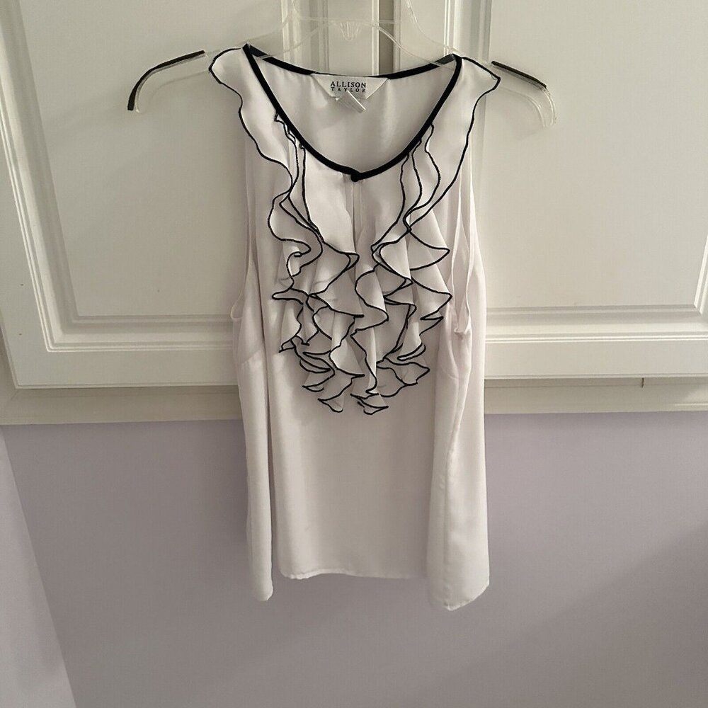 Allison Taylor Tank w/ Ruffle Detail White &‎ Black Size L - Elegant Women's top